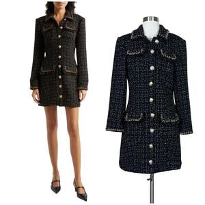 Cinq a Sept | Sasha Black Gold Tweed Button Front Designer Mini Dress Size 6